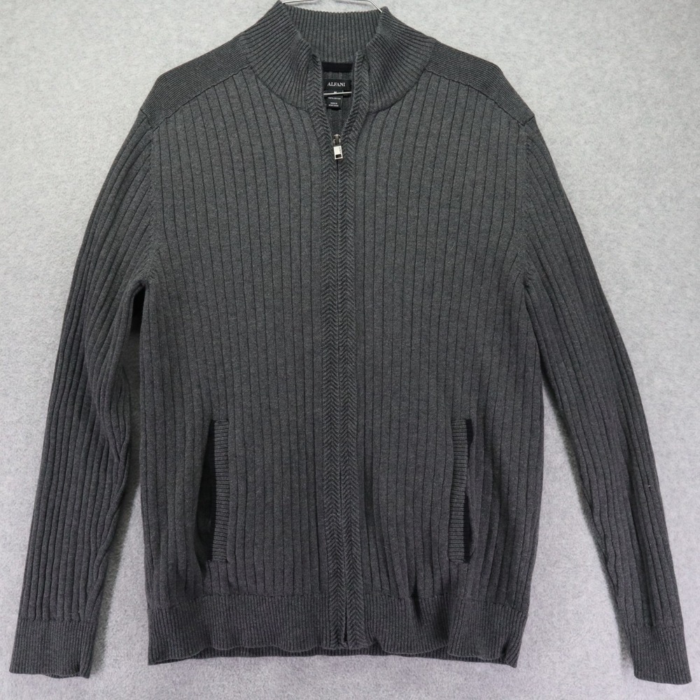 Alfani Sweater Mens Medium Full Zip Cardigan Knit Mock Neck Gray Long Sleeve